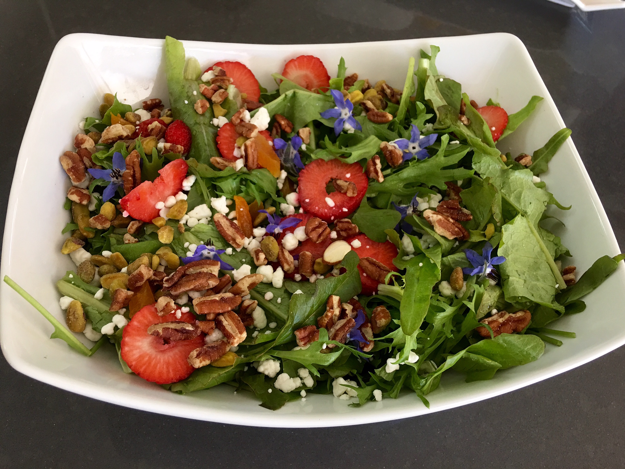 salad, strawberries, edible flowers