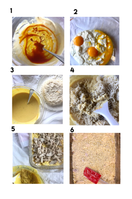 A delicious, savory Persian comfort food made with chicken, rice, eggs, yogurt saffron and turmeric. We prepare "Tah Cheen" with pre-cooked chicken or turkey and left-over cooked rice. It is a Persian chicken and rice casserole.
