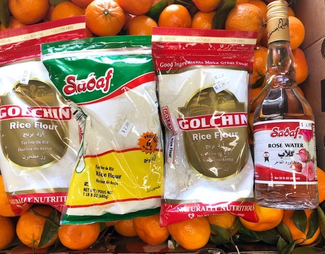 gluten free rice flour and rose water ingredients for Persian cookies