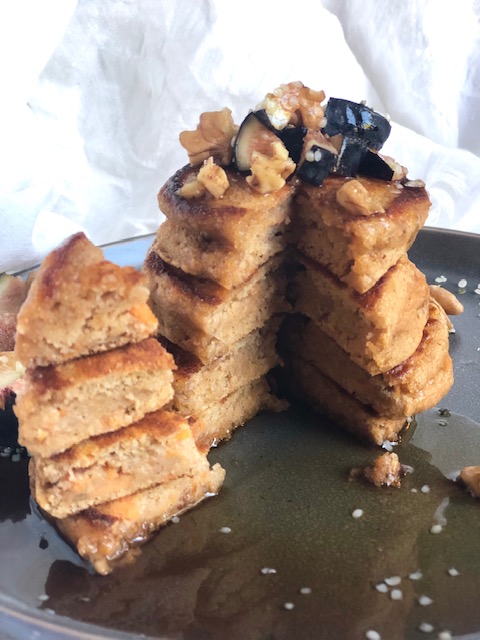 Sweet Potato pancakes topped with figs and walnuts 
