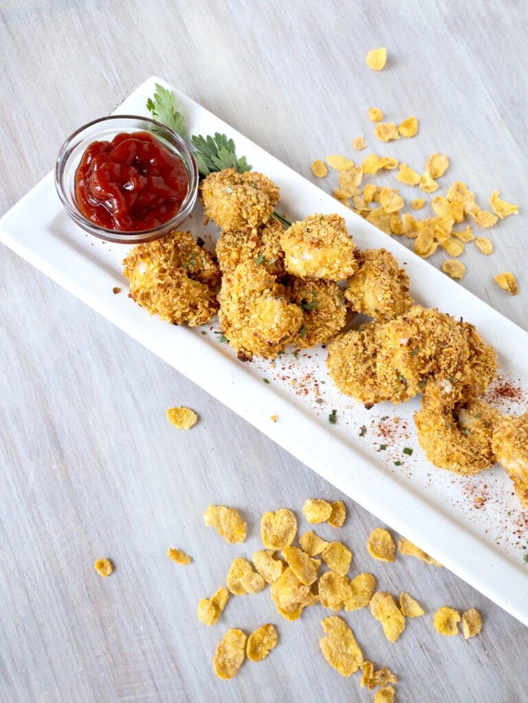 Baked breaded shrimp (Cornflake Shrimp) with cocktail sauce or ketchup