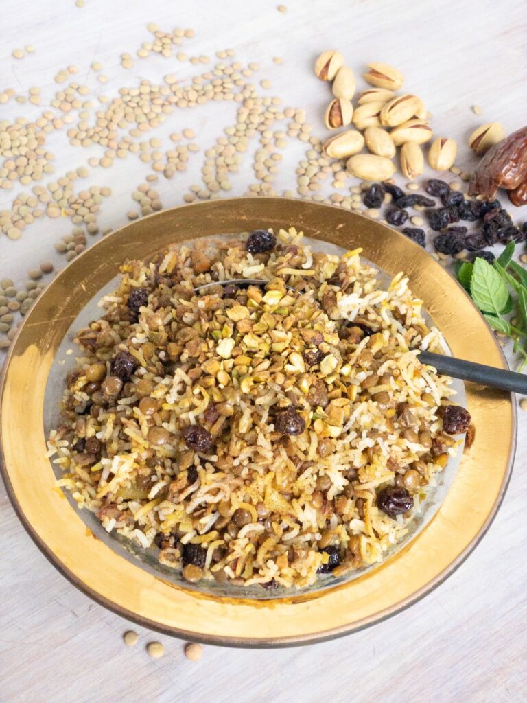 Persian Layered Mixed Rice with Lentils Raisins Dates and Pistachios